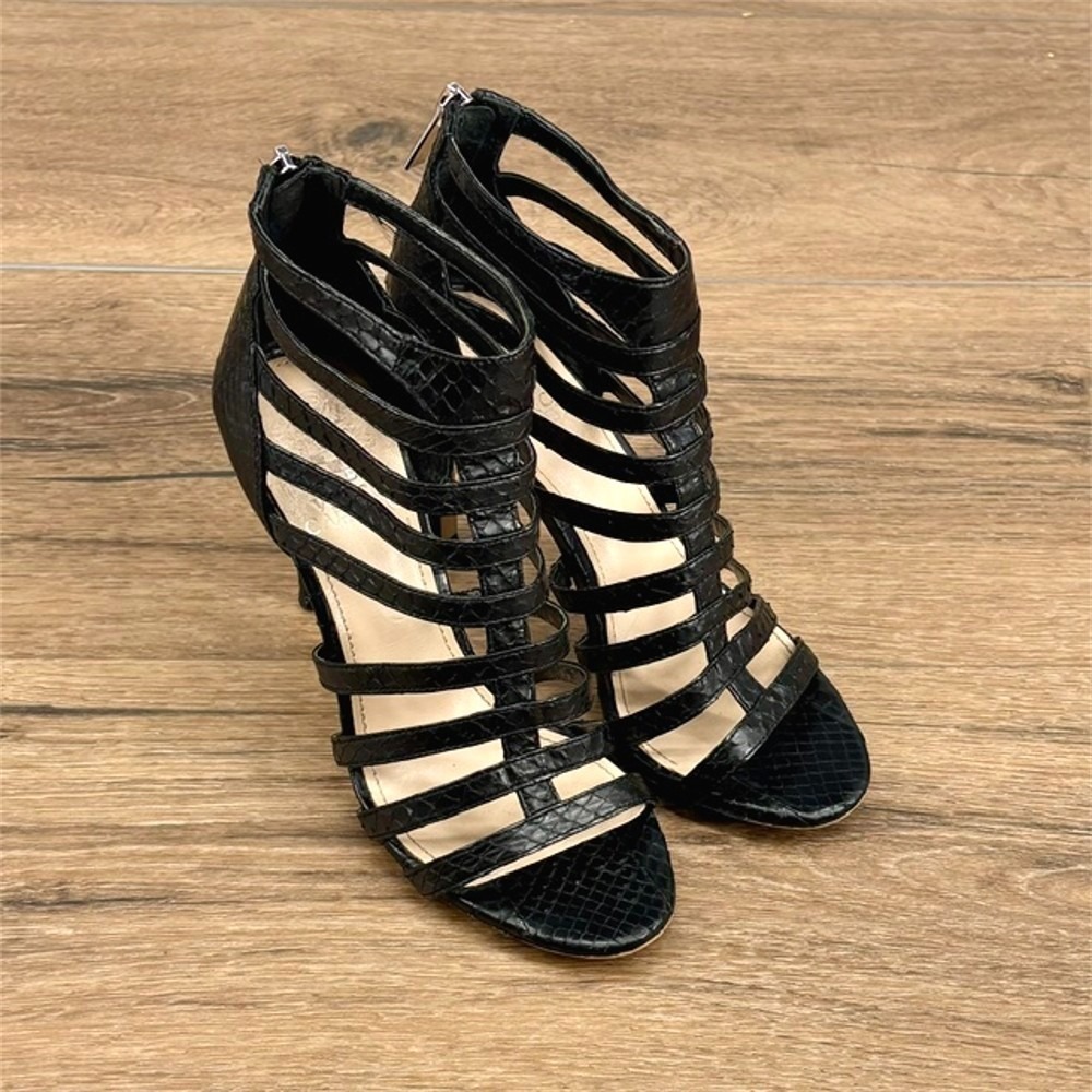 Vince Camuto Kamella Women's Heels Size 6.5 Black Leather Reptile Cage Sandals